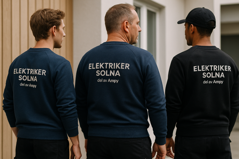 Tre elektriker från Elektriker Solna i företagskläder – står utanför en bostad och visar ryggen med logotypen tydligt synlig.