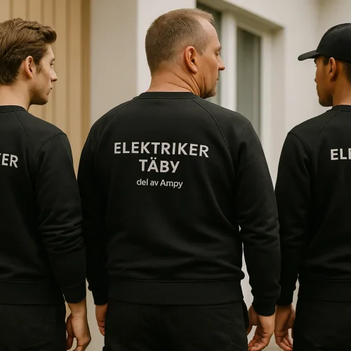 Certifierad elektriker i Täby Tre elektriker från elfirman Elektriker Täby. Står i profil med företagskläder, redo att hjälpa vår kund i Täby med professionella eltjänster.