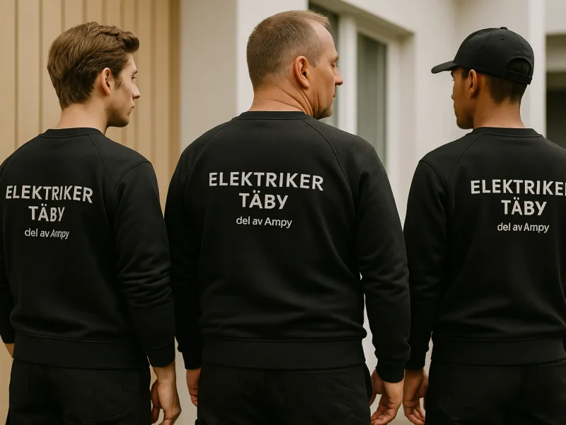 Tre elektriker från elfirman Elektriker Täby. Står i profil med företagskläder, redo att hjälpa vår kund i Täby med professionella eltjänster.